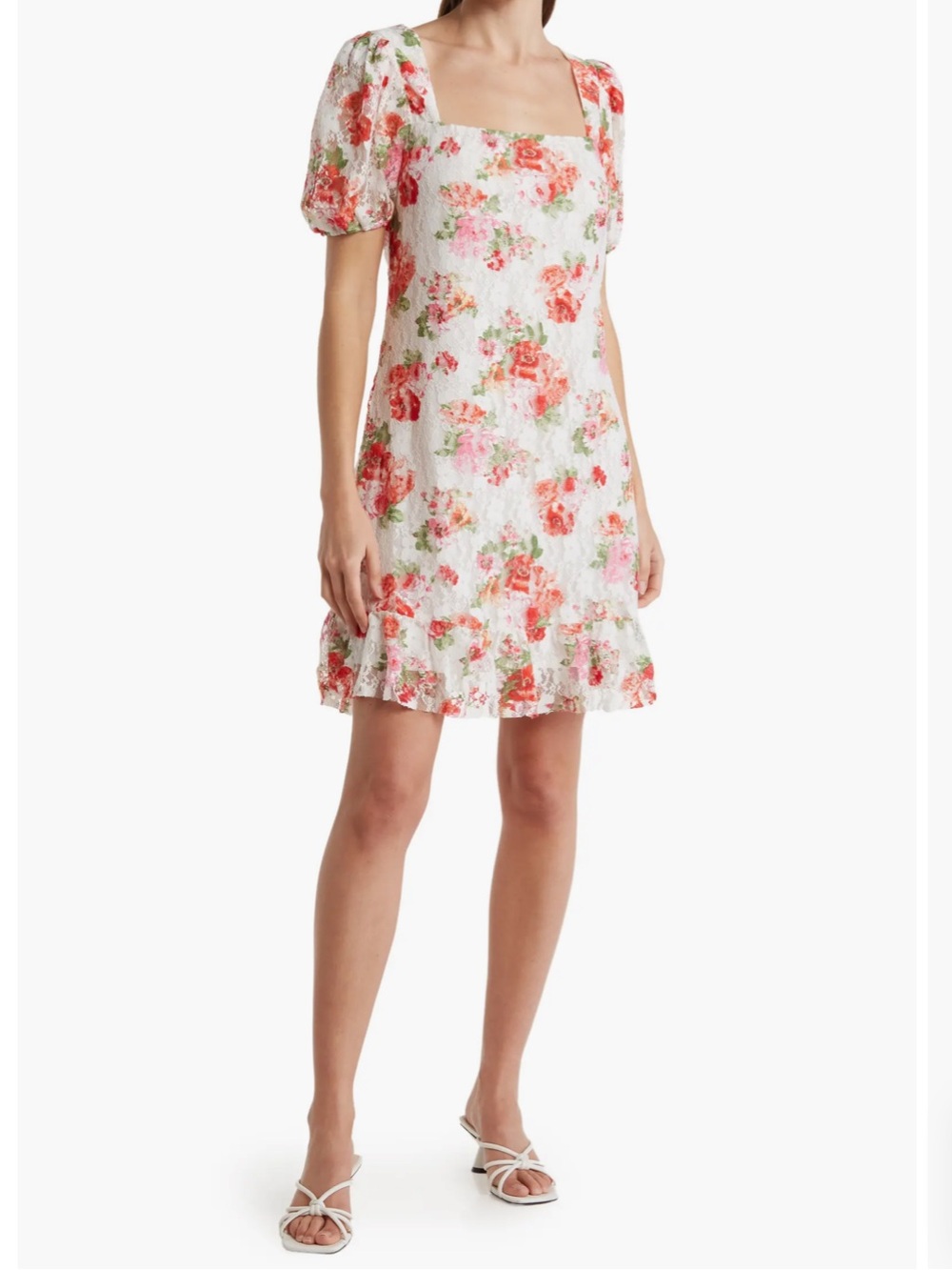 Tash and Sophie Floral Square-Neck Puff Sleeve Dress - White with Coral Floral